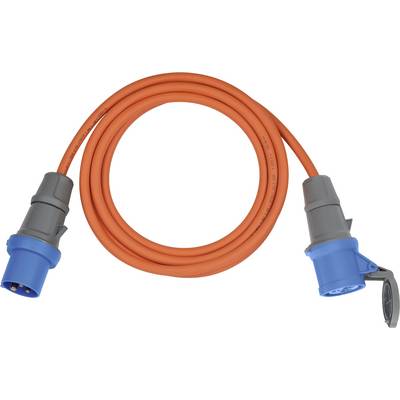 Câble d'alimentation orange avec des prises industrielles bleues aux deux extrémités, présenté enroulé sur un fond blanc.
