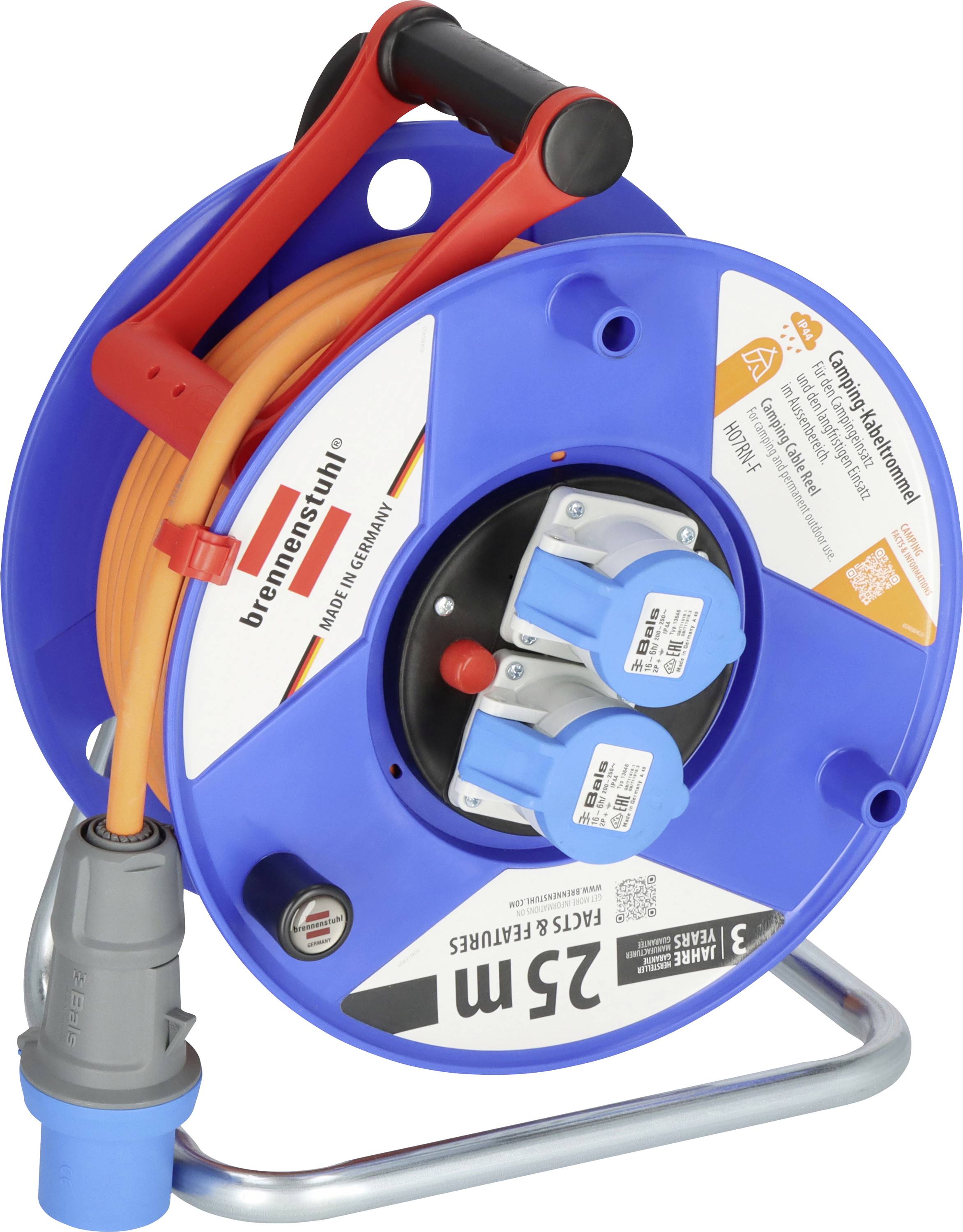 Enrouleur de câble Brennenstuhl bleu avec cordon de rallonge orange, poignée et deux prises de courant, présenté sur un support métallique.