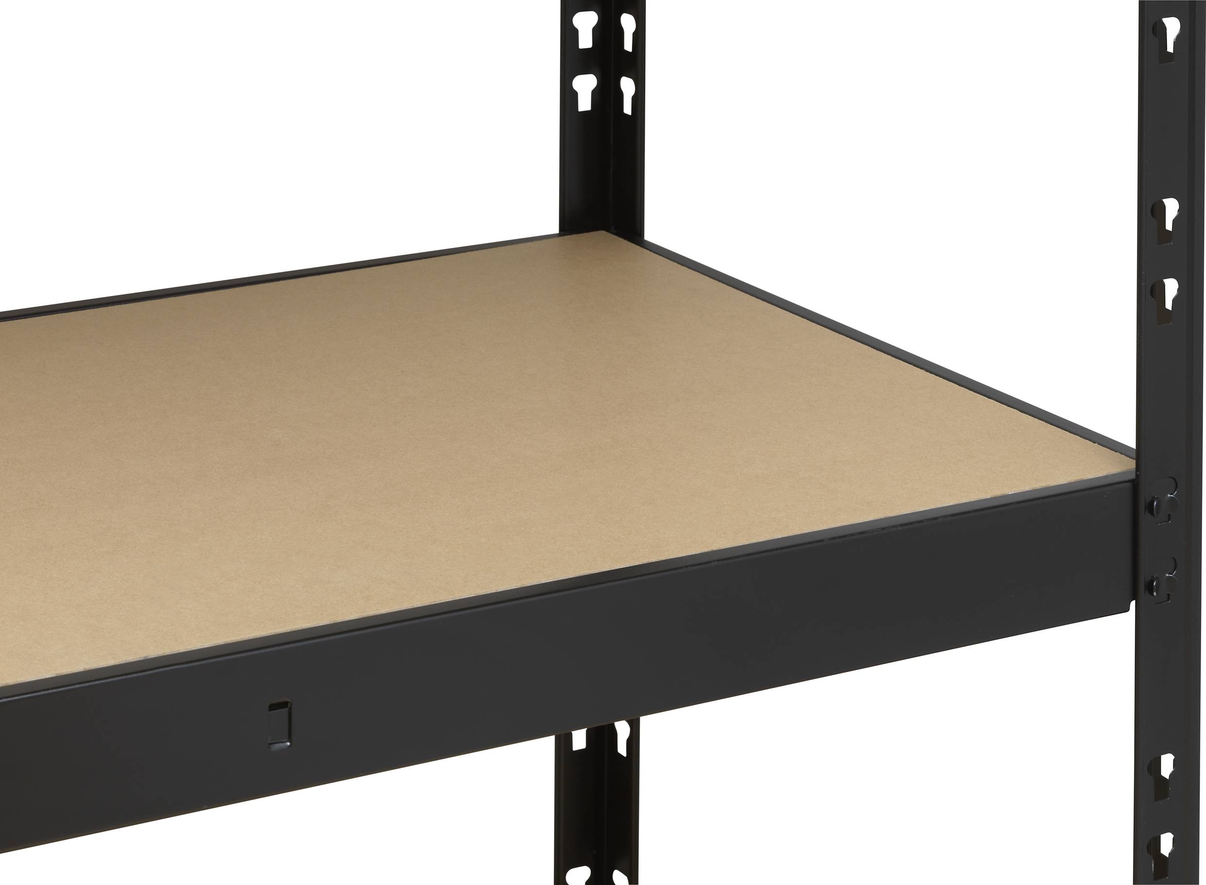 Une étagère métallique avec une tablette en bois brune, adaptée au rangement dans les entrepôts ou les garages.