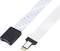Câble en nappe avec connecteur noir, utilisé pour les connexions dans les appareils électroniques, montrant les rayures de conducteurs et les contacts métalliques.