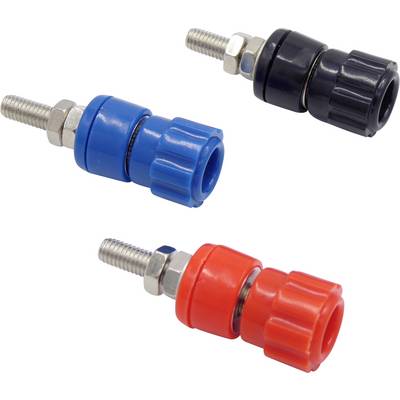 Trois fiches bananes tricolores (noir, bleu, rouge) avec filetage métallique pour un raccordement sûr des appareils électriques.