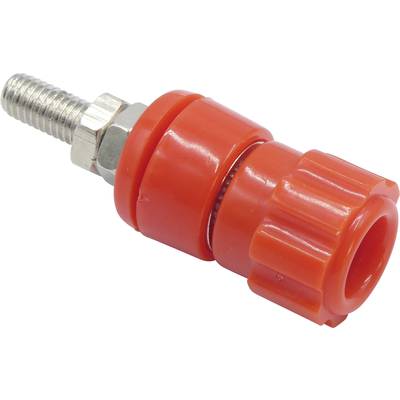 Raccords en plastique rouge avec filetage métallique, probablement un composant d'un système d'irrigation de jardin.