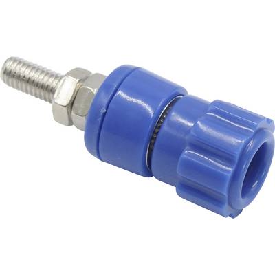 Raccord fileté bleu en métal et en plastique, adapté aux systèmes de tuyauterie industriels ou aux connexions électroniques.