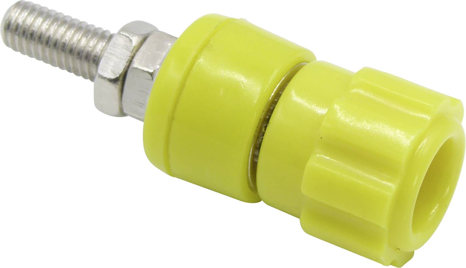 Un connecteur cylindrique jaune avec une vis métallique, utilisé dans des connexions mécaniques ou électroniques.
