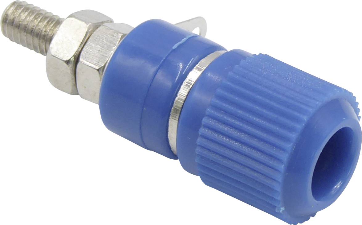 Un connecteur banana bleu avec un capuchon en plastique strié et un filetage métallique. Utilisé pour les connexions électriques.