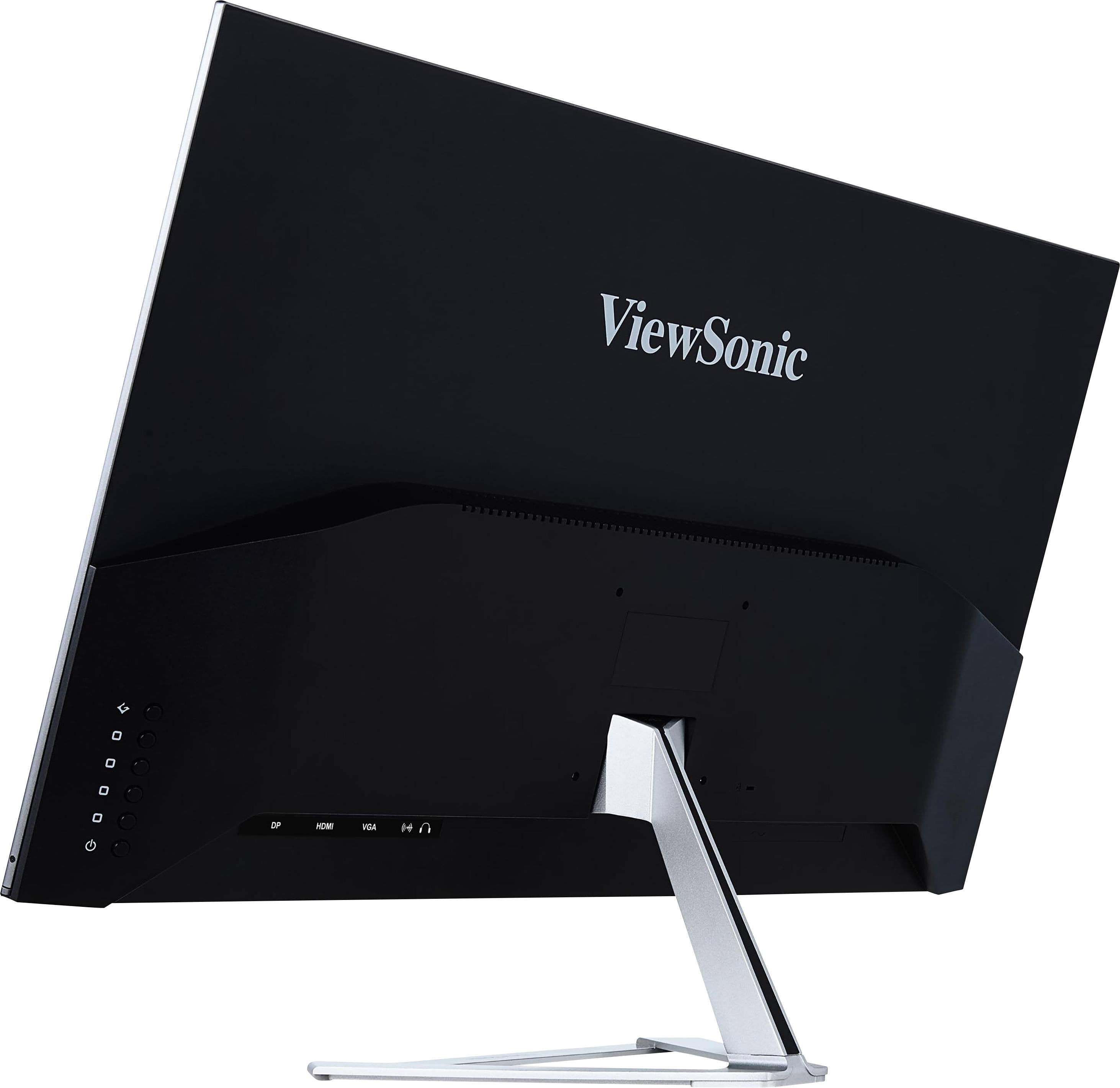 Vue arrière d'un moniteur ViewSonic avec un boîtier noir et un socle argenté. Le logo de l'entreprise est bien visible et imprimé.