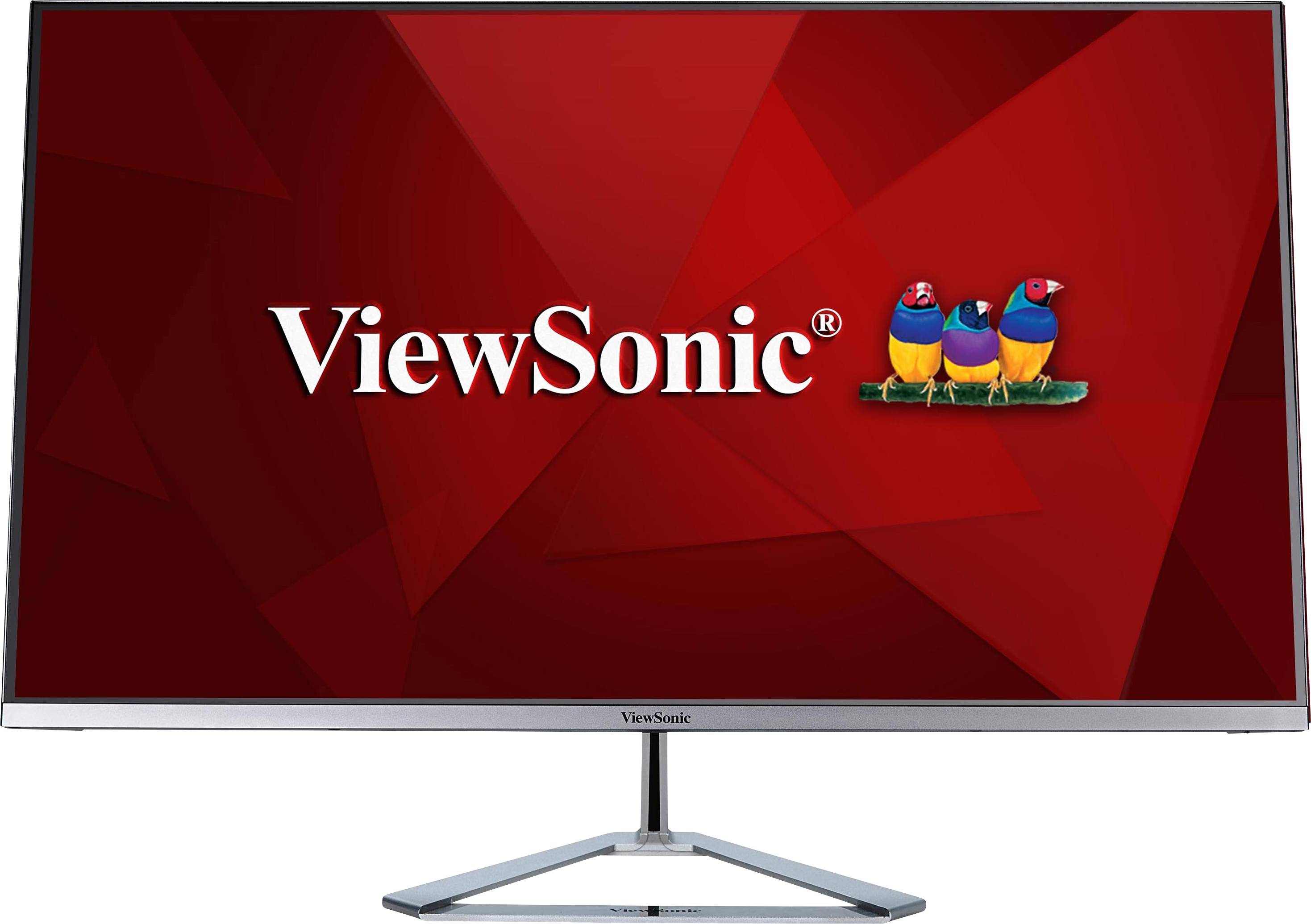 Un écran d'ordinateur avec un fond rouge, affichant le logo 'ViewSonic' et trois oiseaux colorés.