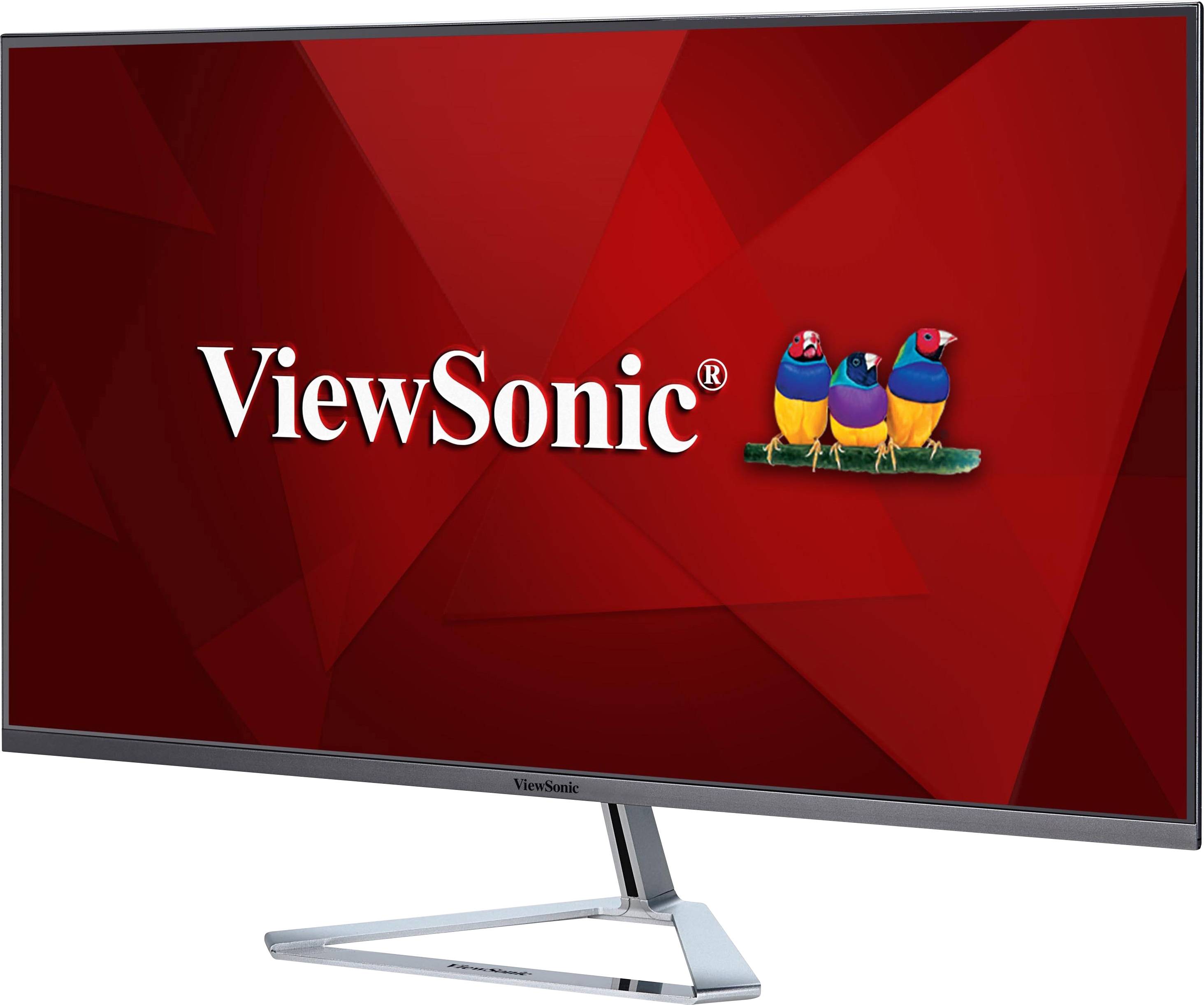 Un écran d'ordinateur avec un fond rouge affiche le logo 'ViewSonic' et trois oiseaux colorés.