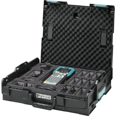 Une valise noire ouverte avec un intérieur en mousse révèle un appareil portable d'étiquetage intégré.
