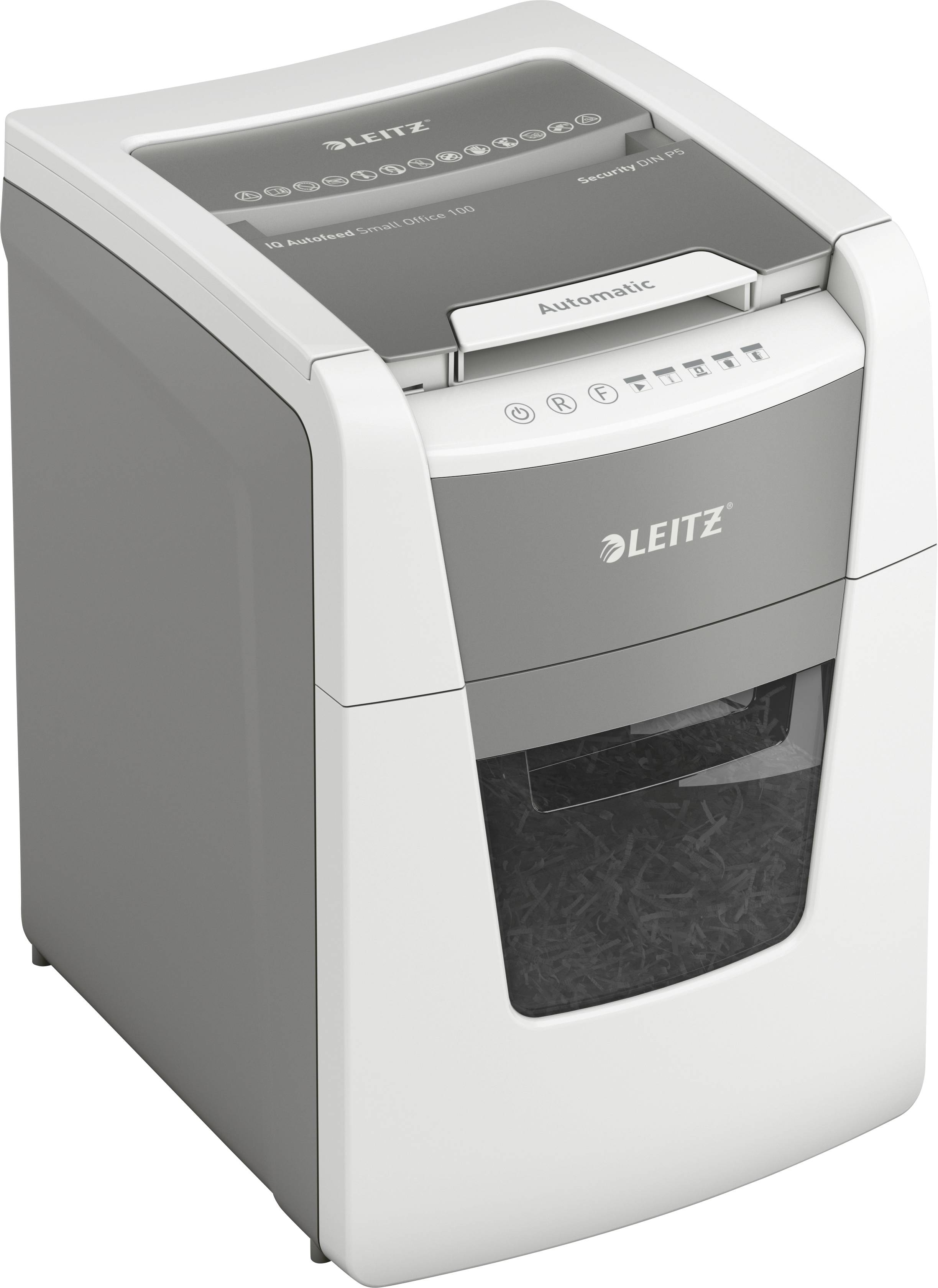 Destructeur de documents gris de Leitz avec fenêtre transparente montrant du papier déchiqueté. Touches de fonction automatiques et manuelles en haut de l'appareil.