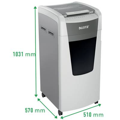 Destructeur de documents de bureau Leitz, forme rectangulaire, dimensions : 1031 mm de hauteur, 570 mm de profondeur, 510 mm de largeur.