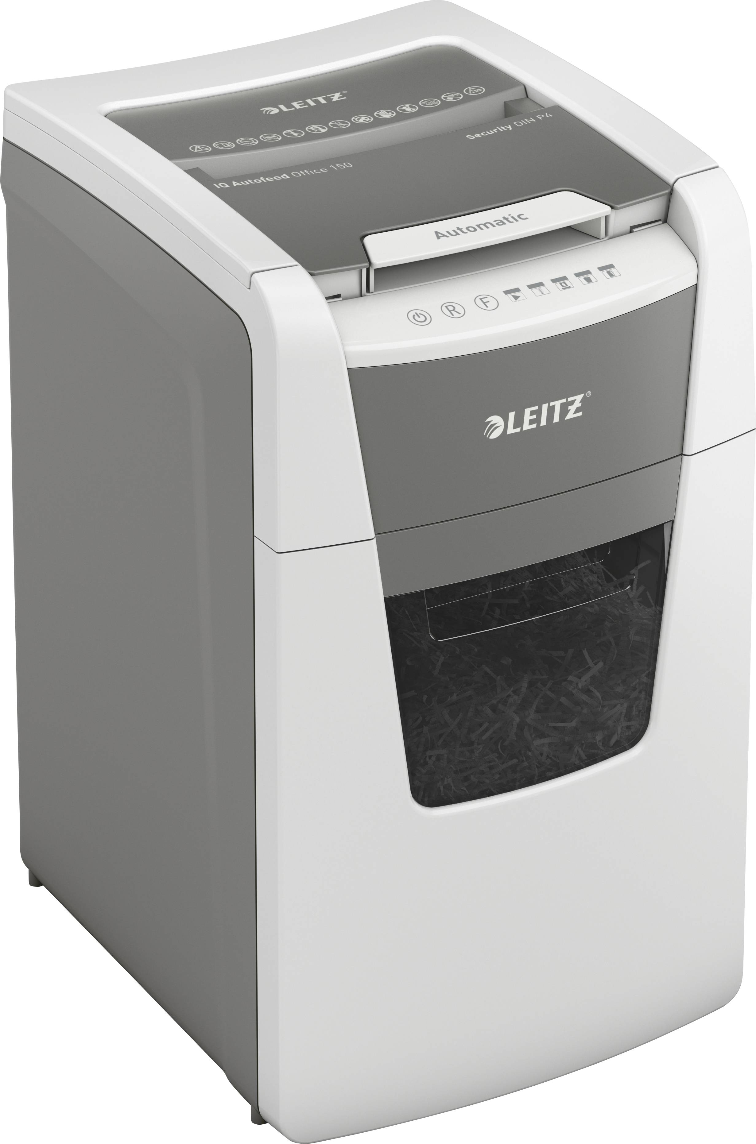Un destructeur de documents blanc et gris de la marque Leitz, adapté pour la destruction automatique de documents.