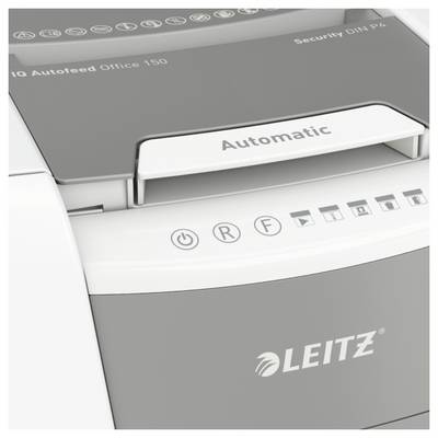 Une machine destructrice de documents grise portant les inscriptions 'Automatic' et 'LEITZ' assure la destruction sécurisée des documents.