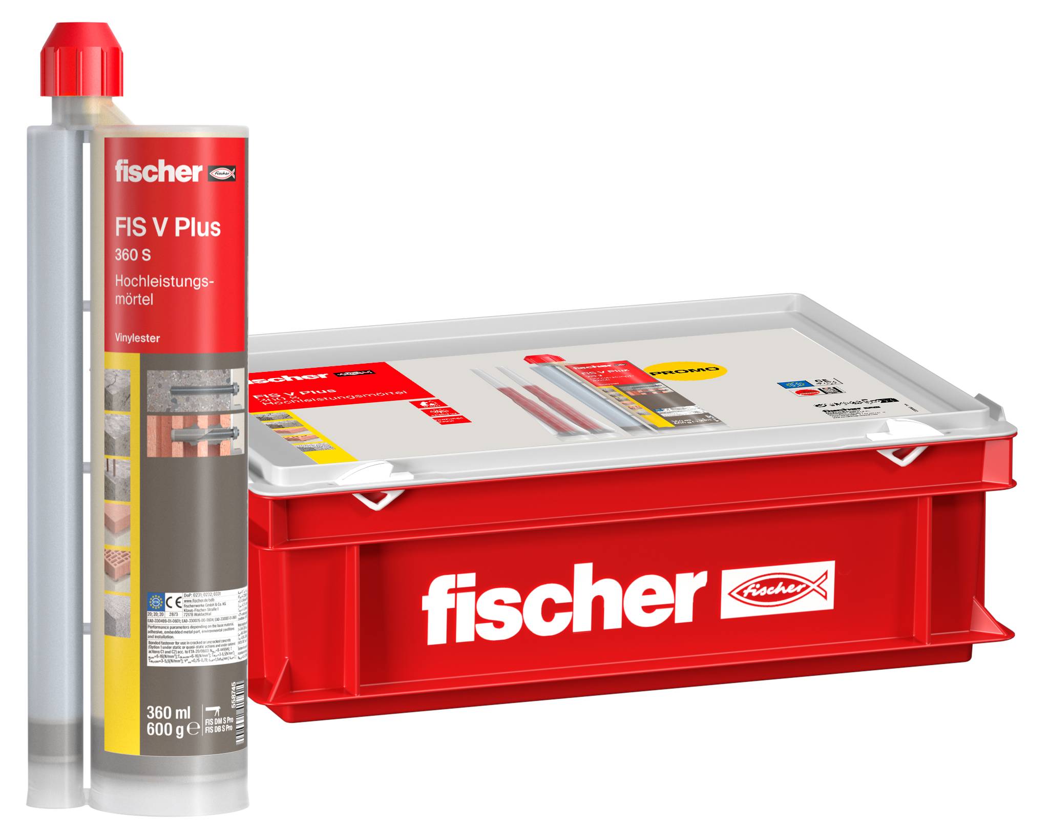 Cartouche de mortier haute performance Fischer FIS V Plus 360 S à côté d'une boîte rouge Fischer de produits d'adhésif de construction.