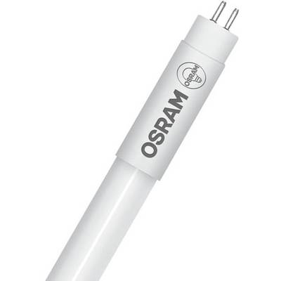 Une lampe fluorescente LED OSRAM blanche à deux broches à ses extrémités, positionnée verticalement, affichant le nom de marque et le logo.