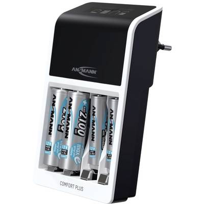 Chargeur avec quatre batteries rechargeables de marque 'ANSMANN', modèle 'COMFORT PLUS', conçu pour batteries AA/AAA.