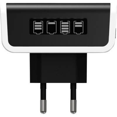 Un chargeur noir à quatre ports USB avec une fiche européenne. Idéal pour charger plusieurs appareils simultanément.