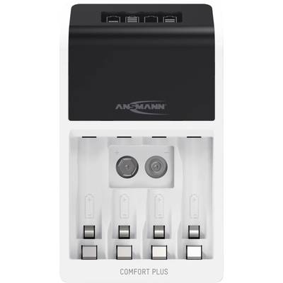 Un chargeur de batterie de marque ANSMANN avec quatre emplacements de charge, compatible avec les batteries AA et AAA, portant l'inscription 'Comfort Plus'.