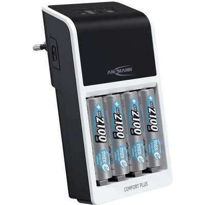 Chargeur avec quatre piles AA, marquées 2100 mAh, prêtes à être chargées. Design noir et blanc avec connexion secteur.