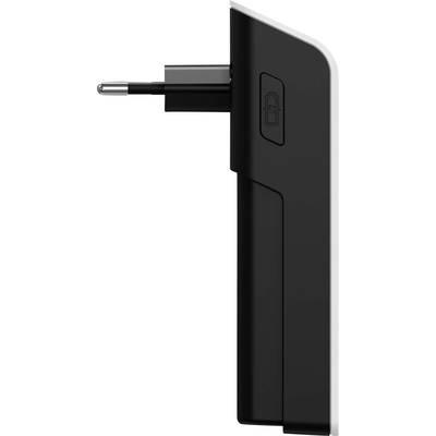 Prise UE noire avec boîtier rectangulaire, profil vertical, avec un symbole de charge de batterie visible sur le côté.