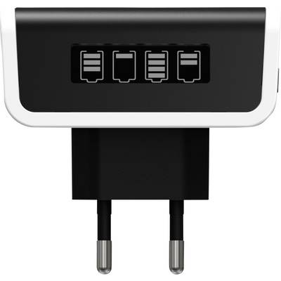 Un chargeur USB noir à quatre ports, compatible avec différents appareils, focalisé sur la vue de face.