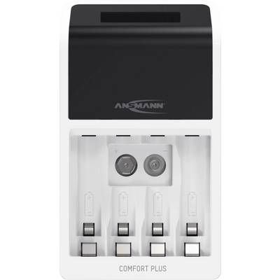 Chargeur de batterie à quatre emplacements, compatible avec les piles AA et AAA, nom de marque imprimé au centre, modèle 'Comfort Plus'.