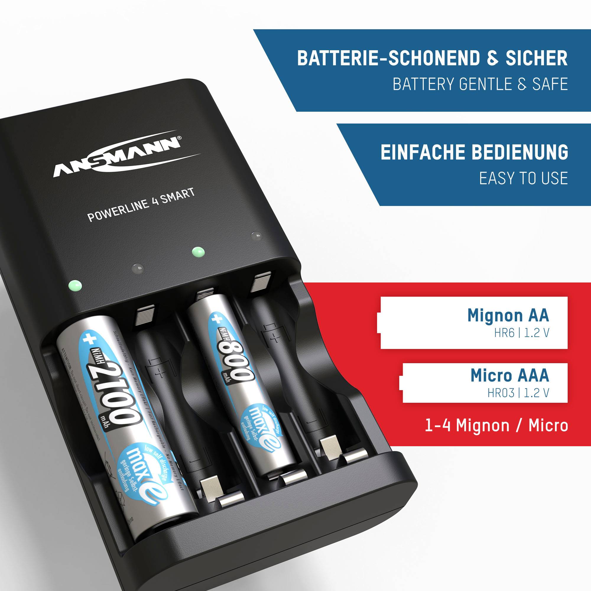 Chargeur de batterie avec quatre piles AA. Inscription : 'Charge ménageante & sécurisée', 'Utilisation facile'. Nom de marque en haut à gauche.