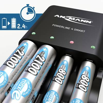Chargeur de batterie avec quatre batteries rechargées, temps de charge de 2,4 heures. Nom de marque en haut, voyant LED bleu allumé.