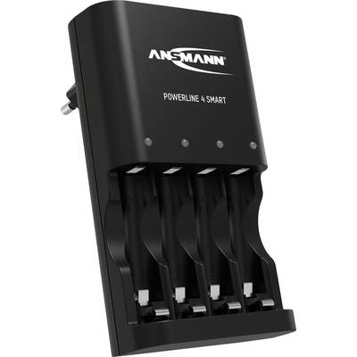 Un chargeur de batterie noir de marque 'ANSMANN' charge quatre batteries simultanément. Le modèle s'appelle 'POWERLINE 4 SMART'.
