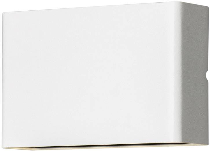 Une applique murale rectangulaire blanche aux angles arrondis. La surface est lisse. La lumière transparaît subtilement depuis le bas.