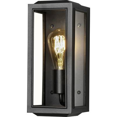 Applique murale extérieure noire avec des fenêtres en verre et ampoule apparente, diffusant une lumière chaleureuse vers l'avant. Convient pour un usage extérieur.