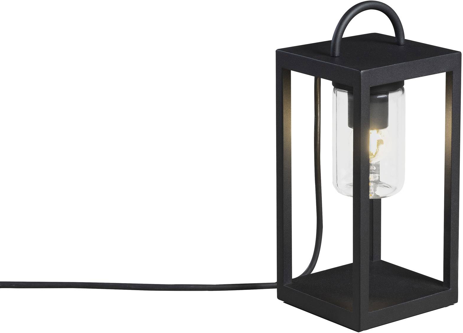 Lampe de lanterne noire avec ampoule et câble apparents, de forme rectangulaire. Idéale pour un éclairage décoratif.
