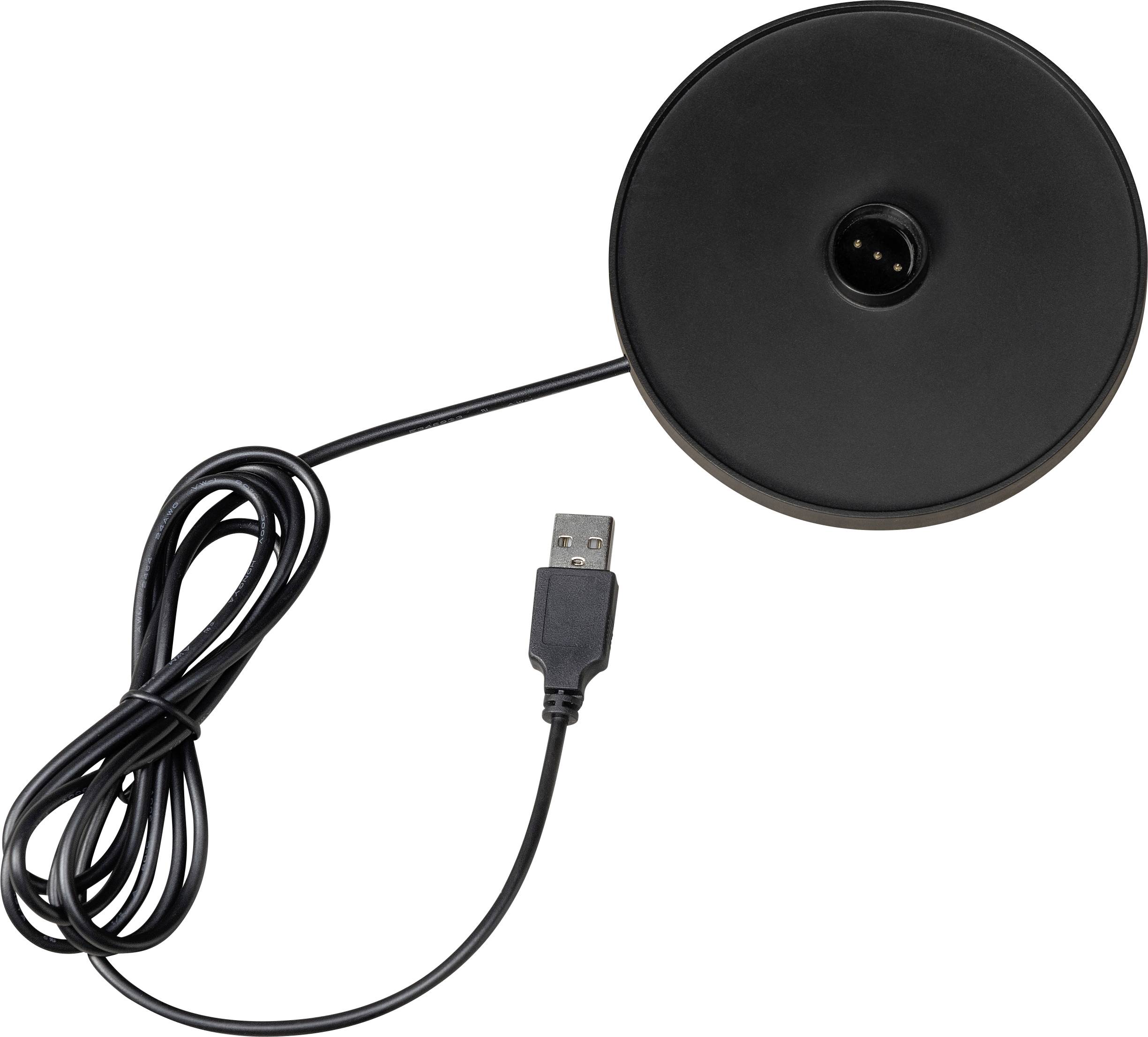 Chargeur USB noir et rond avec câble.