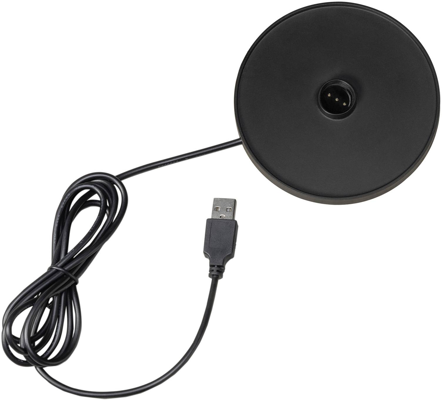 Un chargeur noir rond avec un câble USB, adapté pour charger sans fil des appareils.