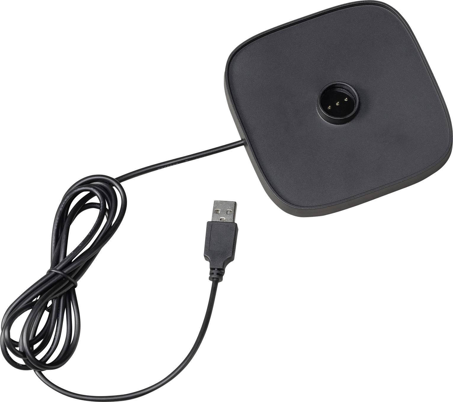 Un chargeur noir, carré, avec un champ d'induction circulaire au centre et un câble de connexion USB sur le côté gauche.