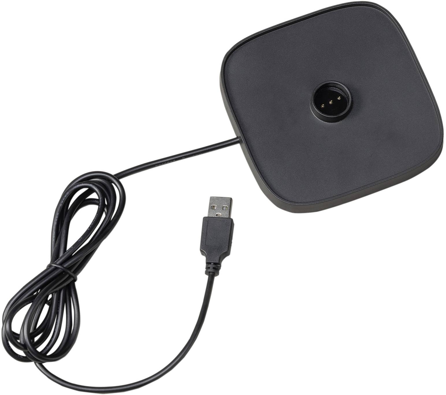 Câble de chargement USB noir avec station de charge carrée et connecteur rond sur le dessus, adapté aux appareils électroniques.