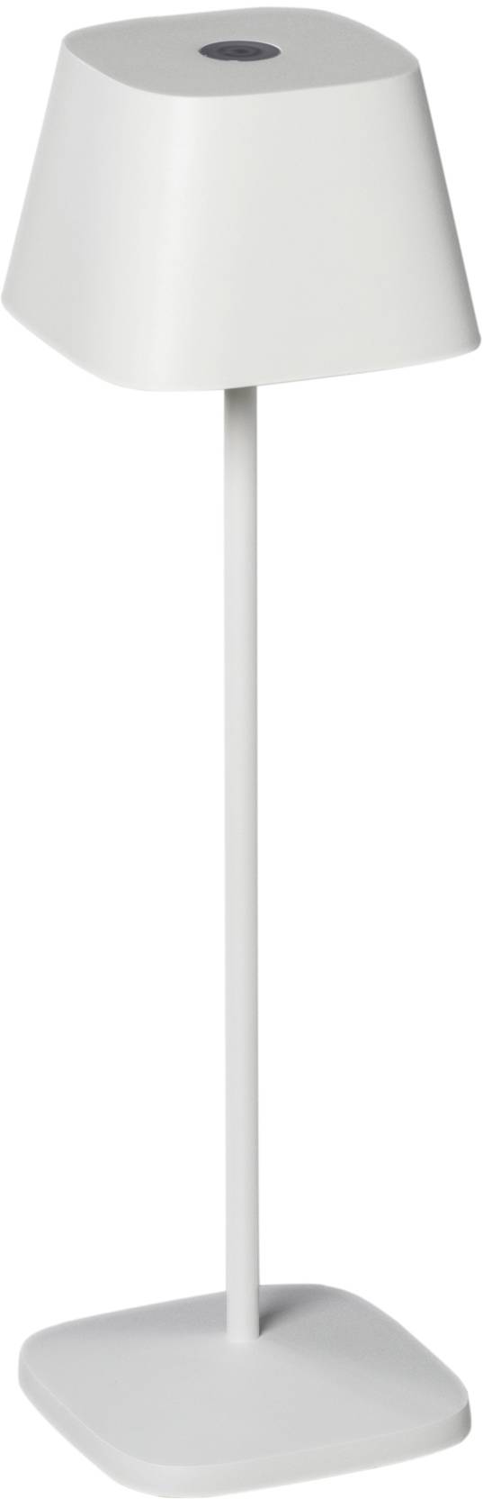 Lampe de table blanche au design moderne et minimaliste, composée d'un abat-jour carré et d'un socle stable.