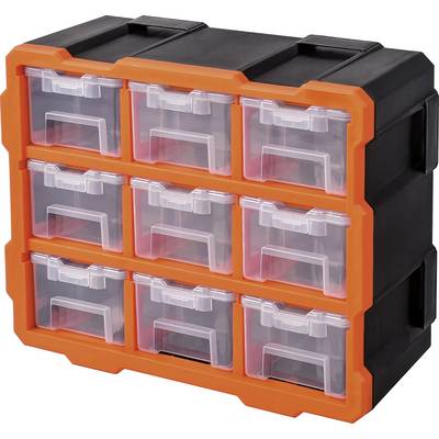 Un organisateur d'atelier noir et orange avec neuf tiroirs transparents pour le rangement de petites pièces.