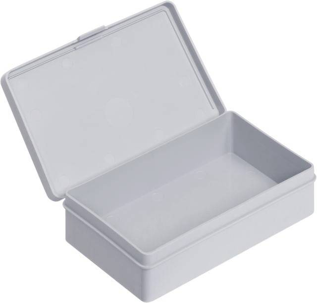 Boîte en plastique gris transparent, rectangulaire, avec couvercle ouvert.
