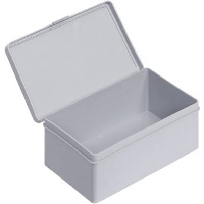 Boîte en plastique grise ouverte avec couvercle amovible, adaptée au rangement ou à l'organisation de petits objets.