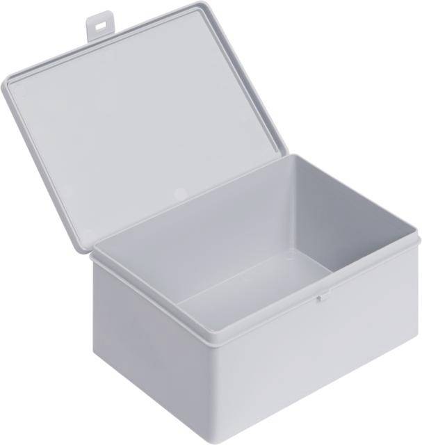 Une boîte en métal grise avec un couvercle ouvert. Elle est vide et rectangulaire, idéale pour ranger des objets.