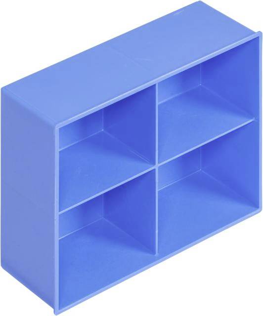 Un organisateur bleu rectangulaire avec quatre compartiments de taille égale pour le rangement de petits objets.