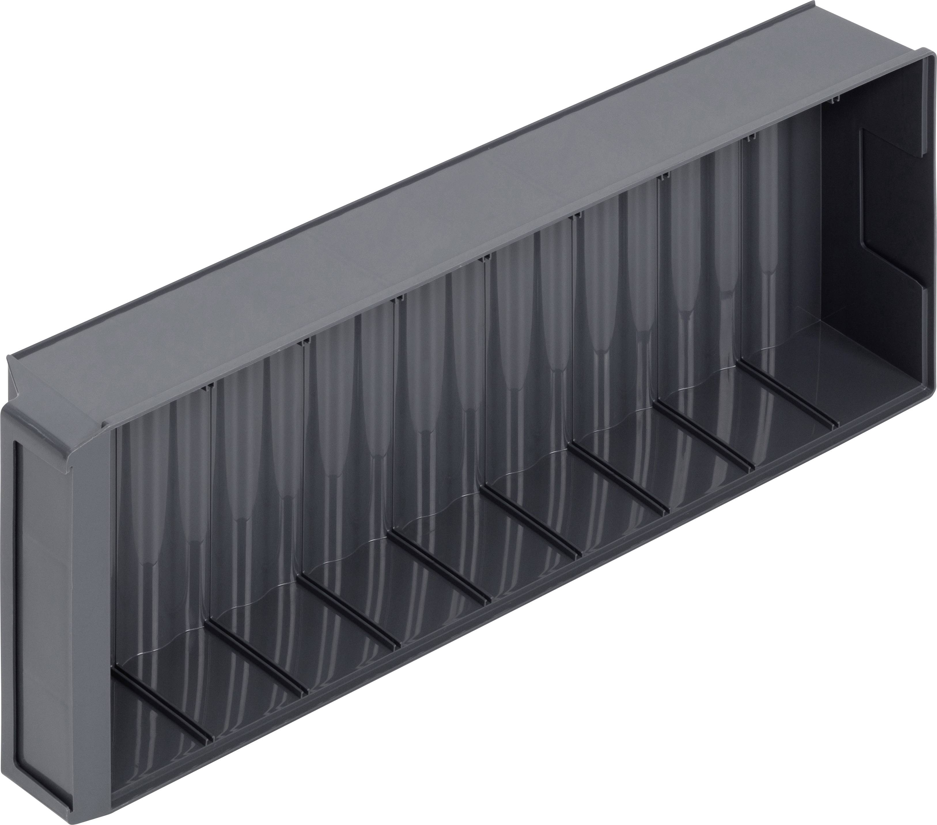 Boîte en plastique grise rectangulaire à plusieurs compartiments, adaptée au rangement ou à l'organisation de petits objets.