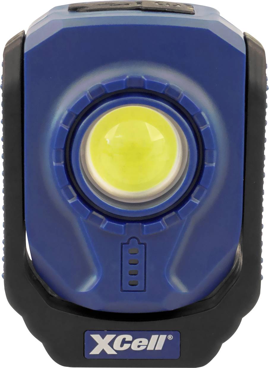 Une lampe LED portable bleue avec une lumière jaune au centre, le logo de marque 'XCell' en bas, adaptée aux activités de plein air.