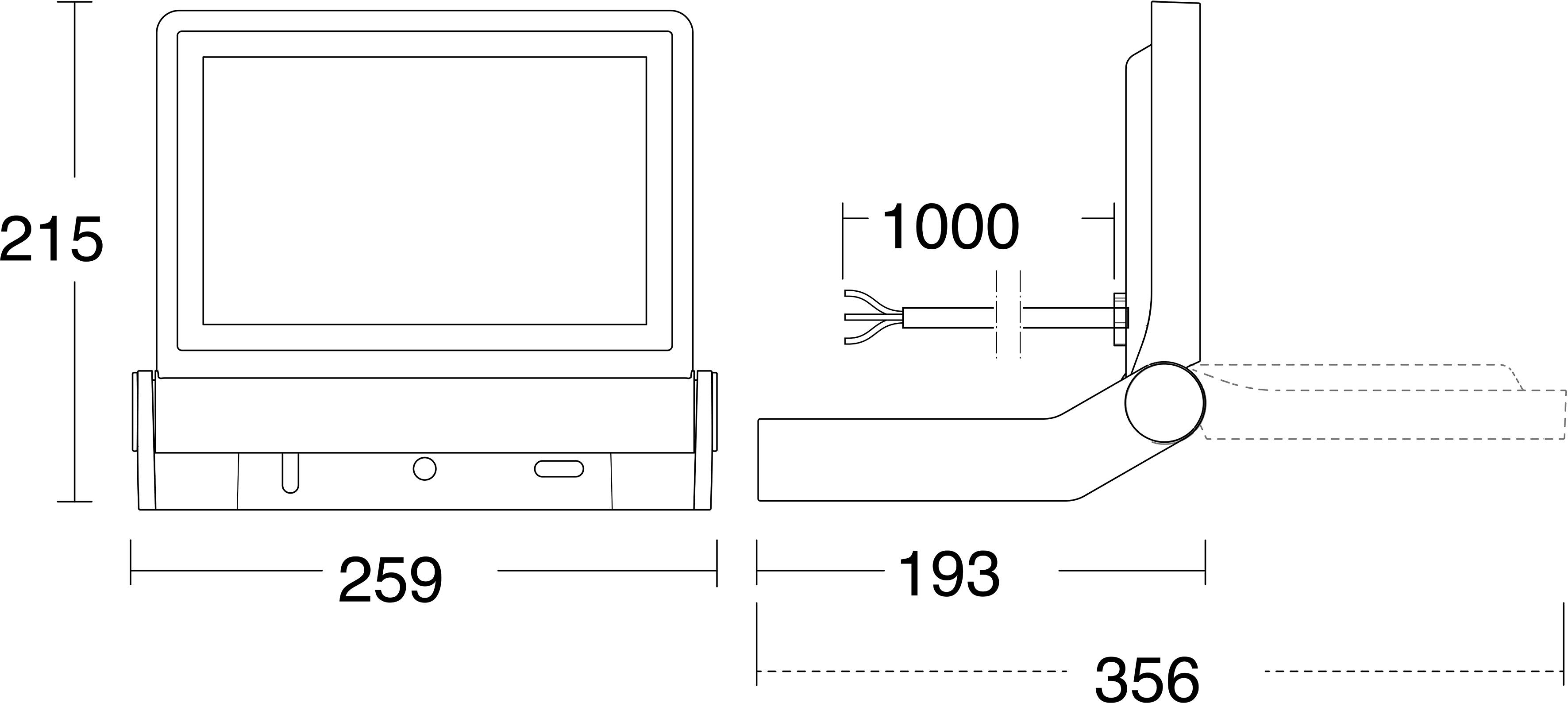 Dessin technique en ligne d'un ordinateur portable/appareil ouvert montrant les vues de face et de côté avec les dimensions : 215 de hauteur, 259 de largeur, 193 de profondeur, 356 au total, et 1000 de longueur de câble.