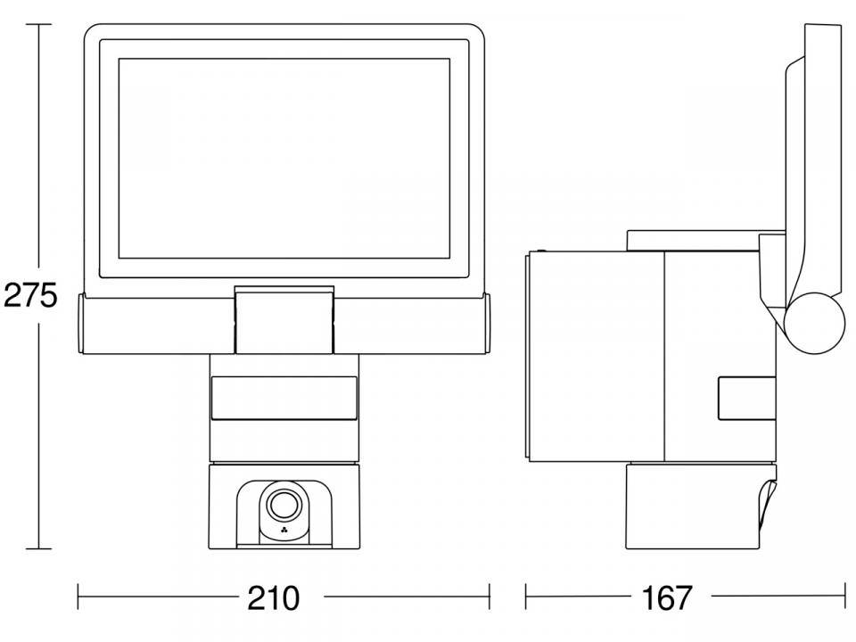 Dessin technique d'un écran rectangulaire avec dimensions : hauteur 275 mm, largeur 210 mm, profondeur 167 mm. Vue de face et vue latérale.