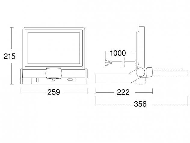 Diagramme d'un appareil électronique avec dimensions : hauteur 215 mm, largeur 259 mm, profondeur 356 mm. Présente les vues de côté et de face.