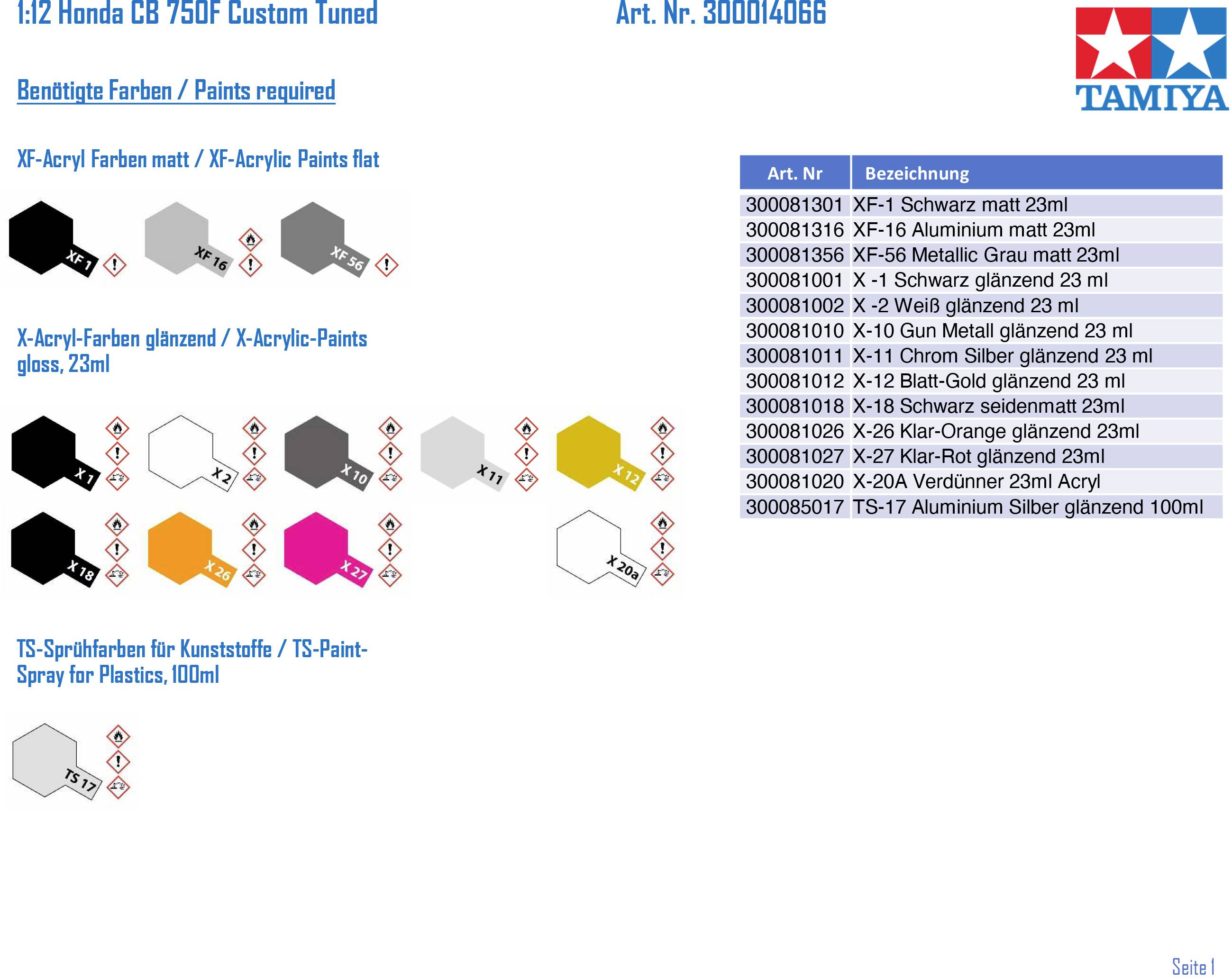 Liste des couleurs pour Honda CB750F Custom Tuned Modèle, Tamiya : incluant les peintures mates, brillantes, acryliques et en aérosol avec leurs numéros d'article.