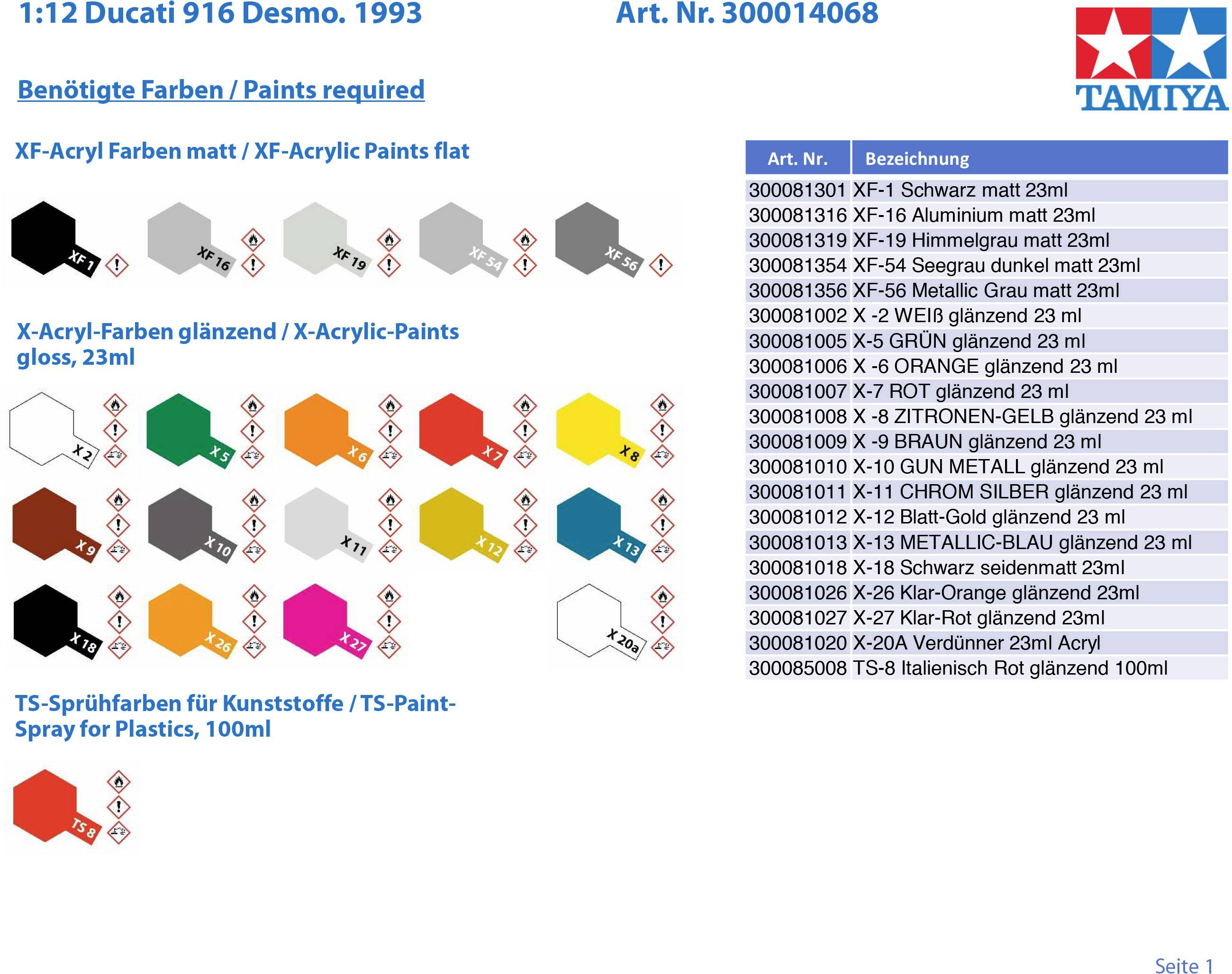 Tableau de Tamiya avec les couleurs nécessaires pour le modèle Ducati 916 Desmo 1993. Contient les noms de couleurs, leurs numéros et valeurs de brillance en allemand et en anglais.
