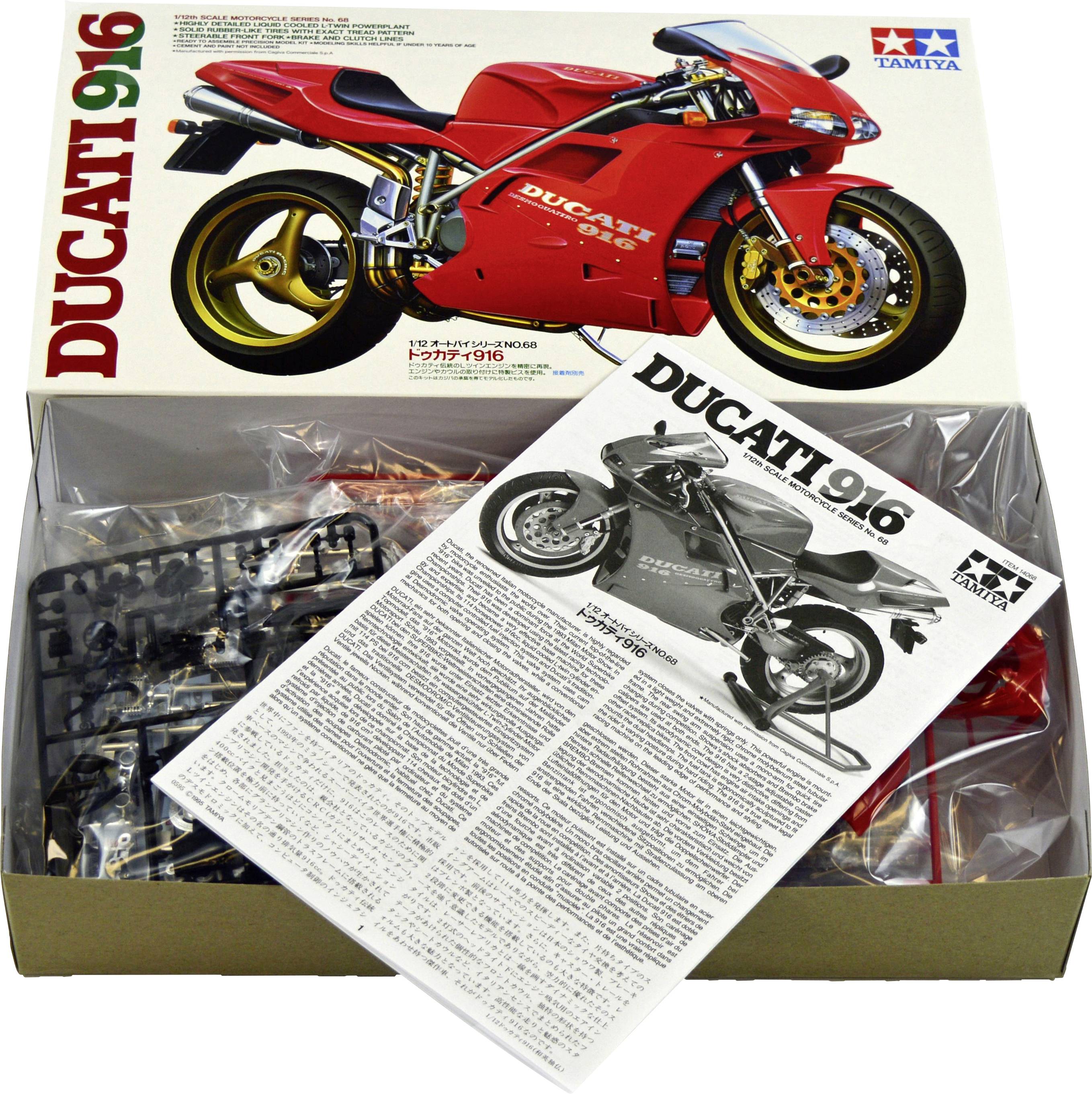 Emballage d'un kit de maquette de la Ducati 916, montrant la moto assemblée et comprenant un manuel de montage.